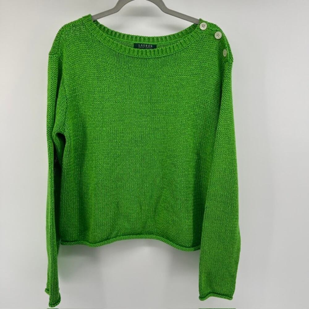 Lauren Ralph Lauren Boat Neck Loose Knit Sweater Womens XL Rolled Hem Green Y2K